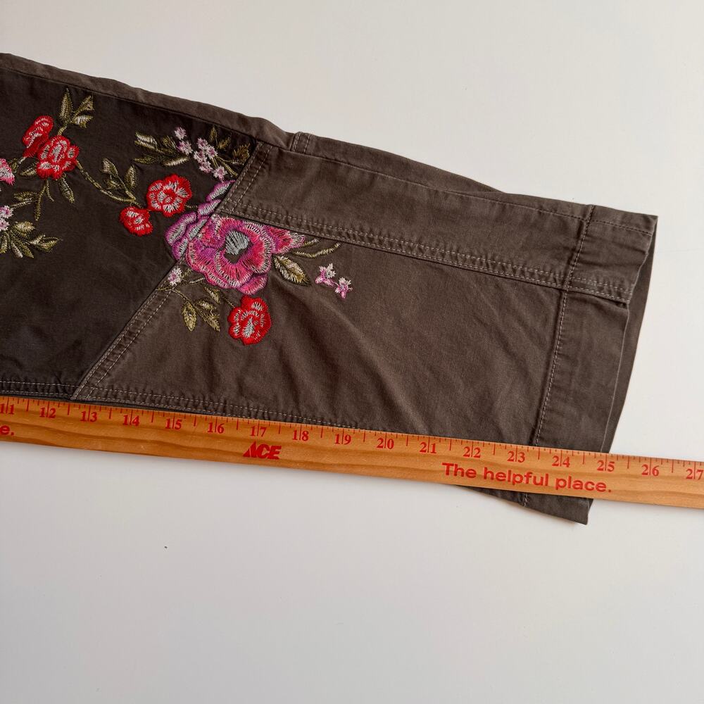 Anthropologie Floral Embroidered Utility Pants Size 30 Olive Green Cotton Linen - Picture 15 of 16